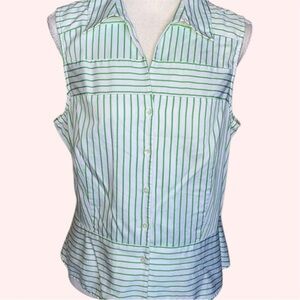 Jones NY Preppy Green White Stripe Sateen Cotton Top Tailored Sleeveless Size L